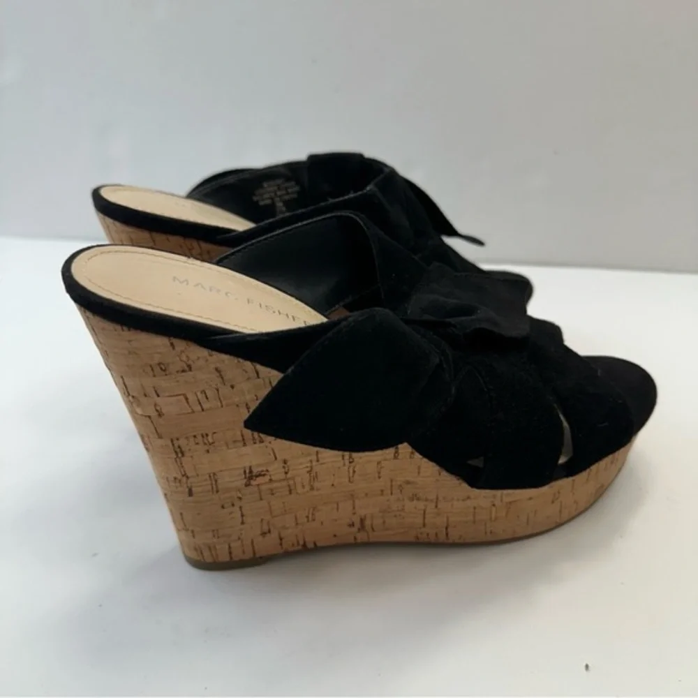 Marc Fisher Women's Hobby Sandal Sz 9 Cork Wedge Platform Suede Black Slide Knot